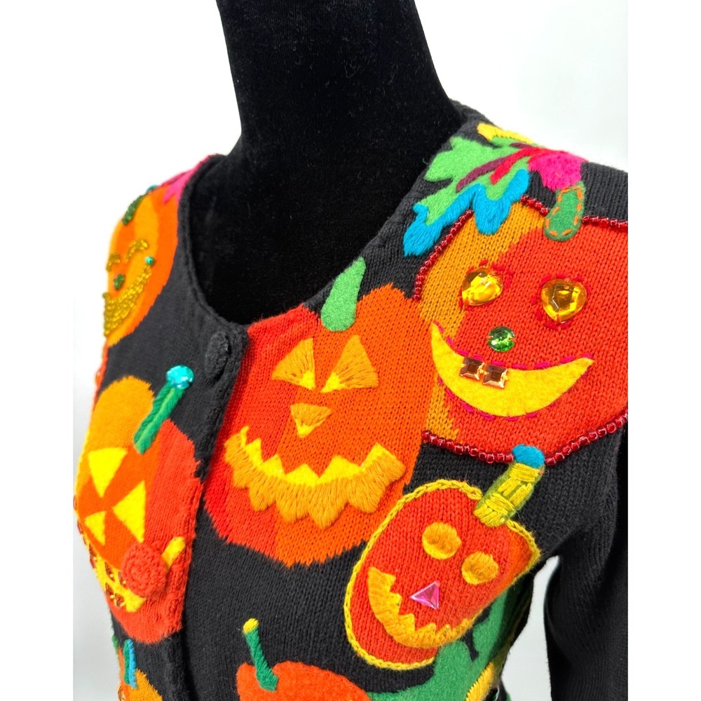 Michael Simon Womens Crew Neck Cardigan Medium Black Halloween Pumpkin Cotton - Picture 4 of 13